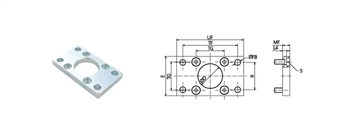Flange MF1, MF2 – produktbillede og måltegning